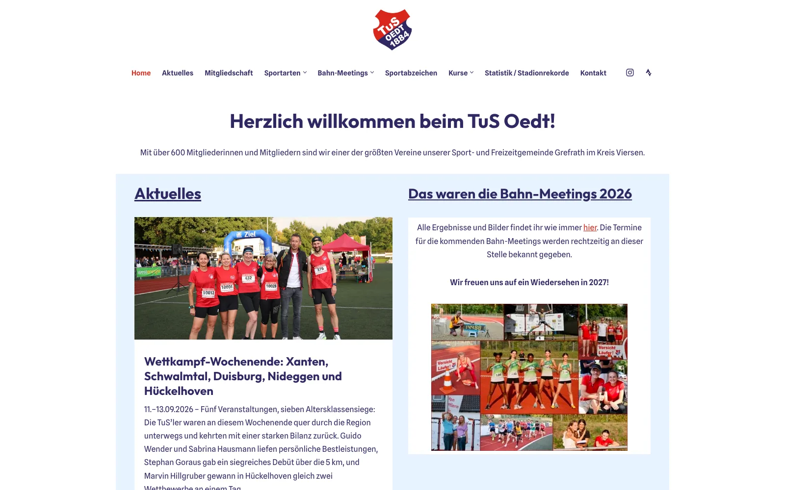 Startseite von tus-oedt.de mit Vereinsnachrichten